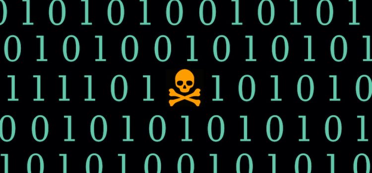 Global attack ransomware Skull with Binary Code Screen Background. WannaCry, Virus attack, Computer Security illustration.